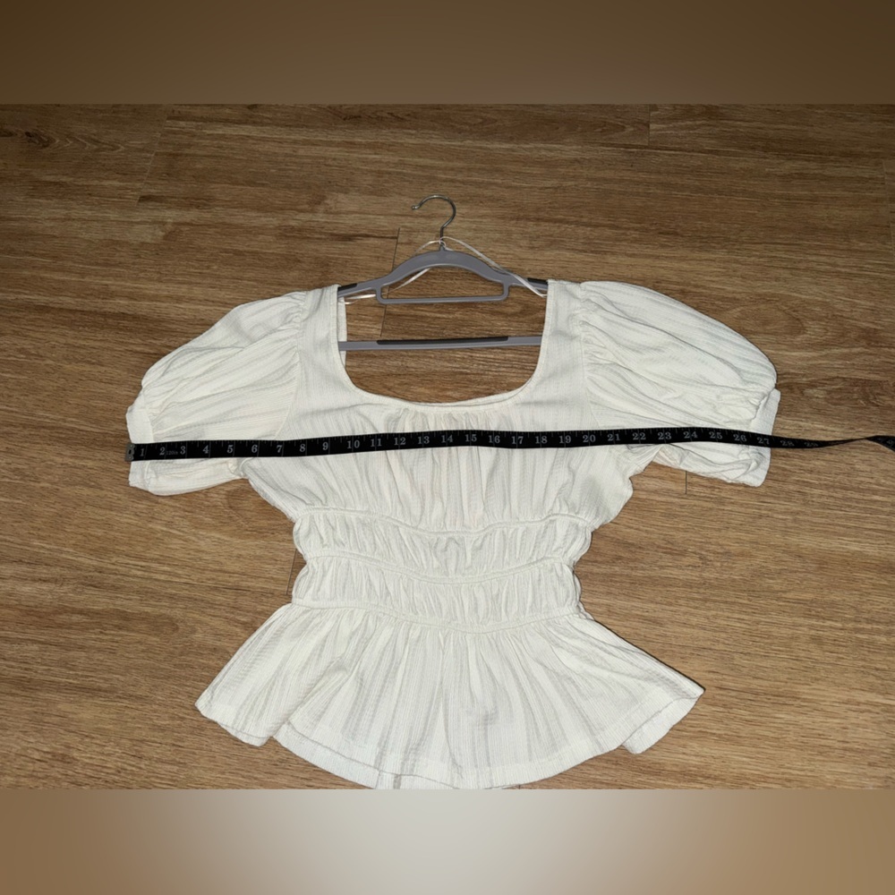 Anthropologie Women's White Puff Sleeve Ruched Blouse - Picture 6 of 7